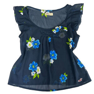Hollister Blouse Top Women's Size XS Sheer Blue Floral Bow Lined